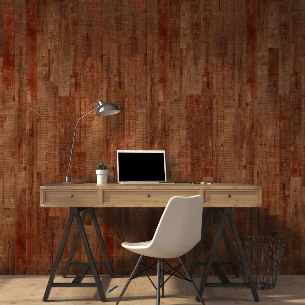 Wooden desk and modern chair against a gray wall